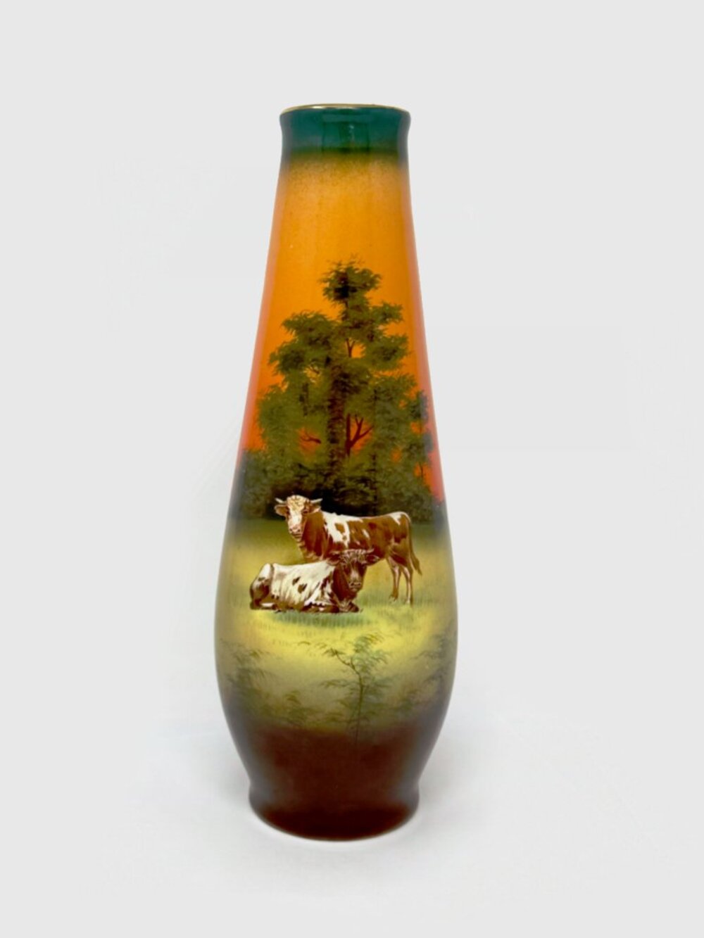 Vintage RH Austria Pottery Vase Signed Hall Scenic Cattle Sunset c. 1890-1914
